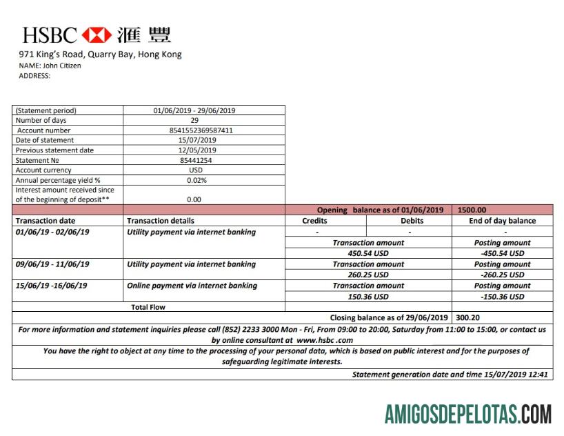 Extrato bancário imprimível de Hong Kong HSBC modelo fácil de preencher em formato Word e PDF